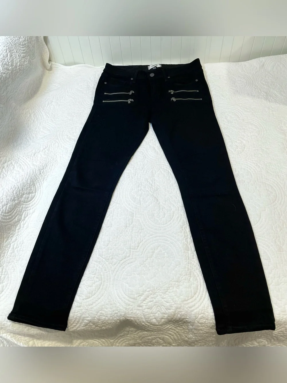 💥3/$50 PAIGE Edgemont Black Ultra Skinny Jeans with Moto Zipper Details | EUC
